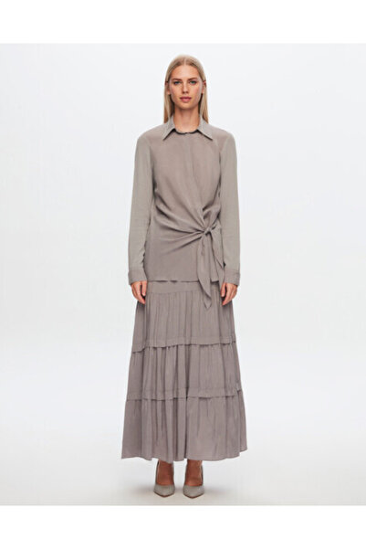 MISS DALIDA T24Y-6037 Beli Bağlama Detaylı Cupro Tunik 1381-DARK GREY