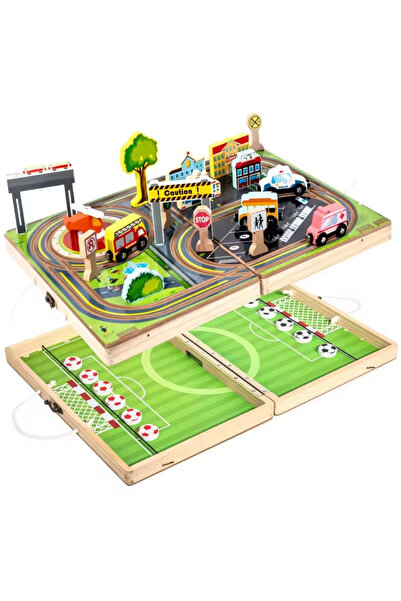 Krista Joc de circuit 2 în 1 din lemn cu mașini de oraș și joc de tip pucket