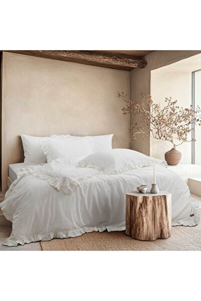 Bahar Tekstil Double bed ruffled bedding, 100% prewashed ranforce cotton, Milagros Dove Ecru