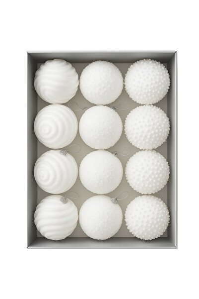 Fééric Lights and Christmas Set of 12 Christmas baubles with glitter, 3 different models, polystyrene, 8 cm, white
