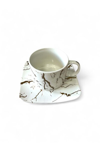 Malooki Set of 6 coffee cups with square saucers – White and gold marble pattern