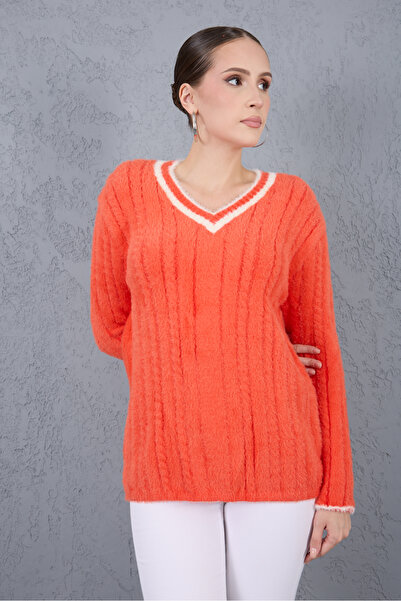 Clothes Fast Women's Orange Beard Yarn Contrast B Piped V-Neck Knitwear Sweater