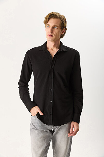 VENA Ανδρικό πλεκτό πουκάμισο Regular Fit 100% βαμβάκι - Μαύρο