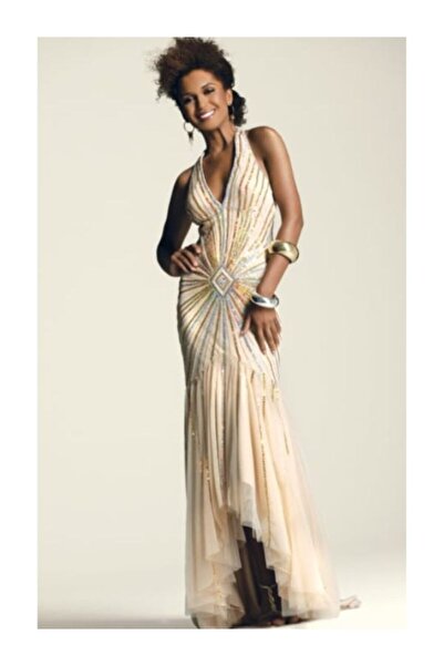 Faviana New York Nude long mermaid evening dress in tulle with sequins and op...