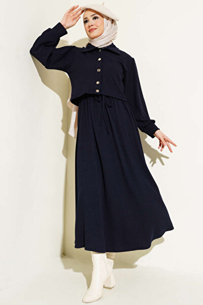 Tesettür Diyarı Σετ Πλεκτό Μπουφάν με Κορδόνι στη Μέση και Ραβδώσεις - Ναυτικ...