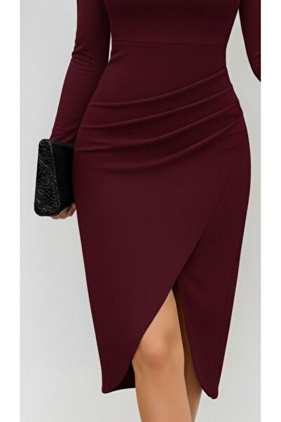 TBL DEKOR Women's Long Sleeve Heart Neckline Front Cross Detailed Midi Imported Crepe Dress