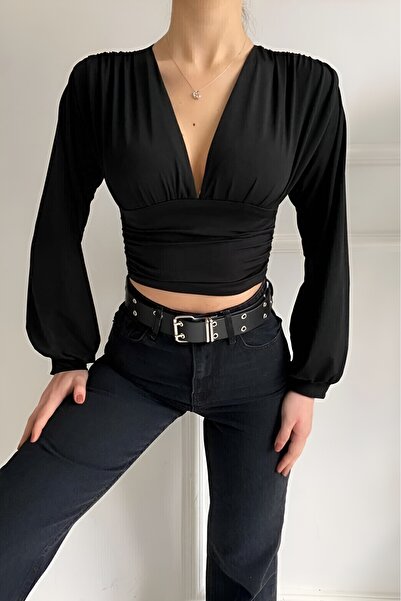 SİA LESS Balon Kol Dekolteli Kısa Bel Üstü Likralı Sandy Kumaş