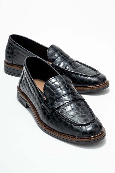 Lizy Shoes Loafer de damă din piele naturală cu model crocodil negru