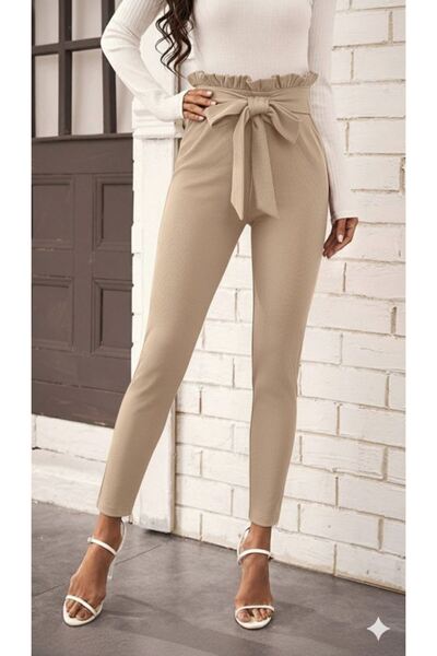 TBL DEKOR Women's High Waist Ruffled Front Tie Imported Crepe Pants