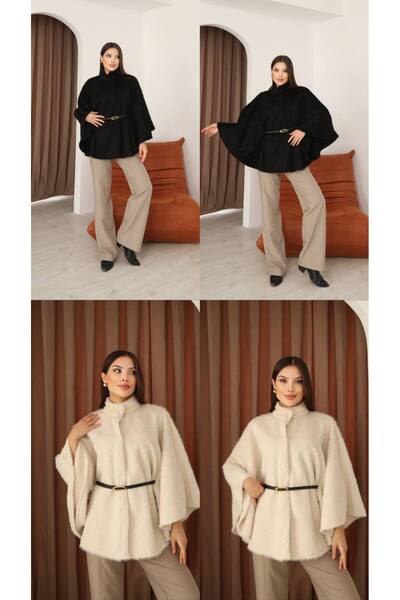 DESTİNA Women's Front Snap Closure Poncho Cardigan with Belt Detail