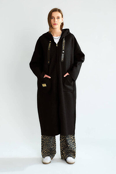 QİMYA BUTİK Robi̇n Women's K Hooded Bag Pocket Unlined Lightweight Boucle Cashmere O Oversized Long Coat