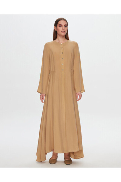 MISS DALIDA T24Y-4037 Yuvarlak Yaka Düğme Detaylı Cupro Elbise BLUE