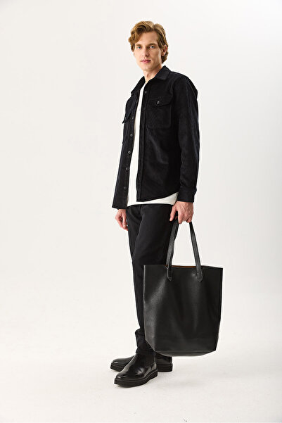 VENA Men's Regular Fit Velvet Outer Shirt 100% Cotton - Black