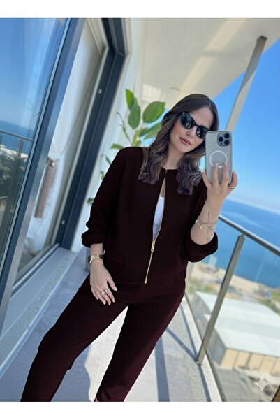 Genel Markalar Kadın Uzun Kollu önden Fermuarlı Modal Ceket Ve Pantolon Ikili...