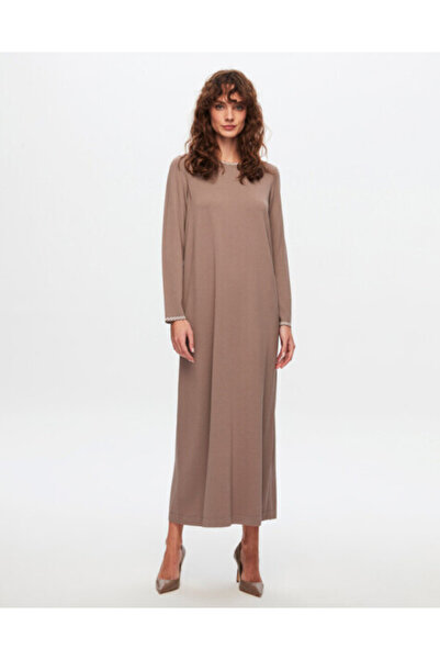 MISS DALIDA T24Y-4025 Yakası Ve Bileği Desenli Triko Elbise 002-MİNK