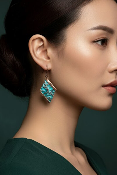 OSMANLI GÜMÜŞ Women's Copper Earrings - Turquoise Ocean Whisper Model Copper Women's Earrings