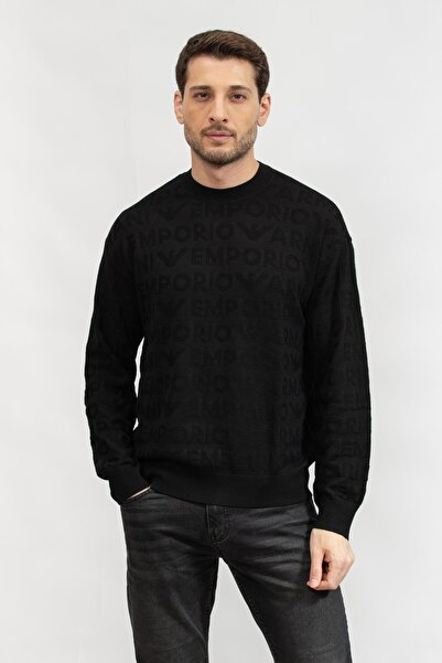 Emporio Armani سترة صوفية سوداء للرجال - 100% رقبة دائرية، كم طويل، 6D1MXK 1M...