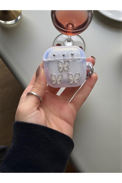 KVK PRİVACY AirPods 4Th Generation Compatible Glittery 3D Pearl Butterfly, Earphone Case with Keychain