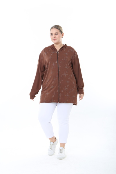 XL Modam γυναικεία ελαστικό ύφασμα με κουκούλα πέτρα με τύπωμα καφέ ζακέτα μεγάλου μεγέθους