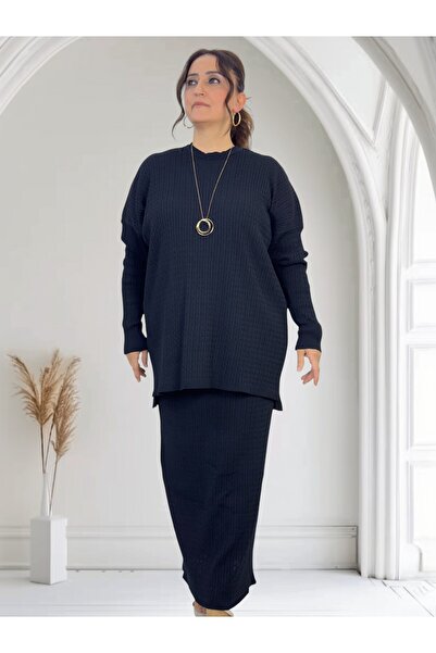 yagmurberen BLUZĂ CU MÂNECĂ LUNGĂ CU GĂRĂ CU MODEL DE TRICOTAT PENTRU PĂR, FUSTĂ ELASTICĂ LA TĂIȚEA, MĂRIME MARE, SET DUAL MERCERIZAT