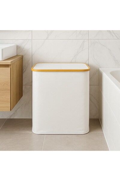 Vichy Doğal Bambu Çerçeveli Katlanabilir Kirli Sepeti – Kapaklı Krem Kumaş Çamaşır Sepeti Bej BR-6707