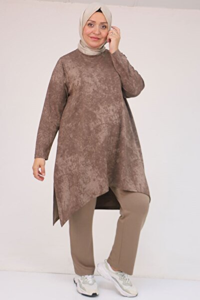 Eslina 57070 Plus Size Front Symmetry Cut Batik Trouser Suit - Mink