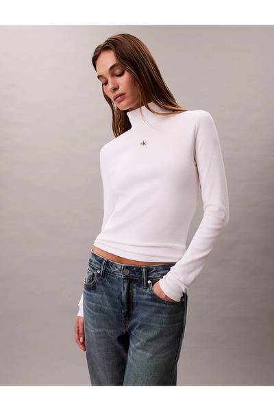 Calvin Klein Uzun Kollu Dokuma Etiketli Kadın Beyaz Gömlek LV047D203G-YAA