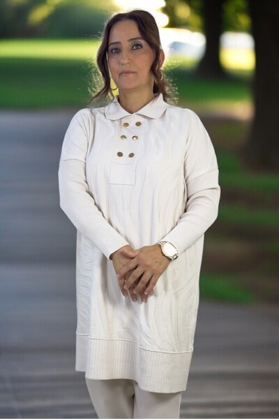 yagmurberen Gold Button Detail Polo Neck Tunic Elastic Waist Pants Plus Size Mercherized Suit