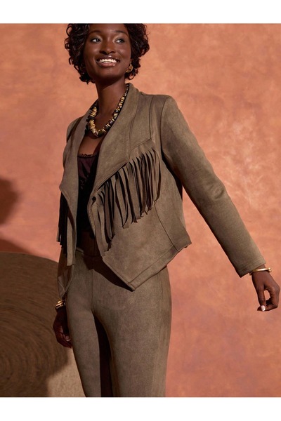 MONAMORE Women's Tassel Shawl Collar Unlined Nubuck Cowboy Jacket