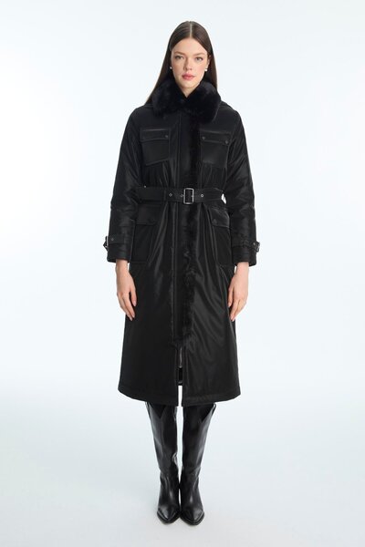 Zühre Kürk Yaka Cep Detaylı Kemerli Mont