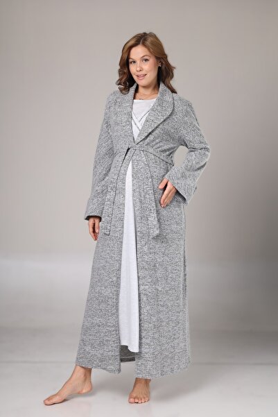 Pelin Women's Gray Shawl Collar Lace Detailed Maternity Nightgown Dressing Gown Set