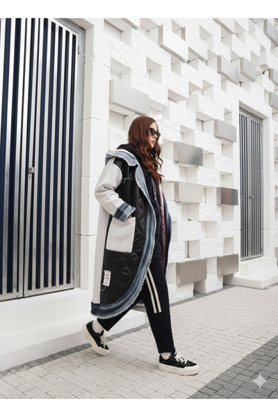 CELTMODA Women's Lined Pocketed Hooded Denim Detailed Quilted Design Coat