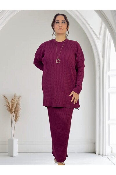 yagmurberen Hair Braiding Pattern Circular Necklace Long Sleeve Blouse Elastic Waist Skirt Plus Size Mercerized Double Set