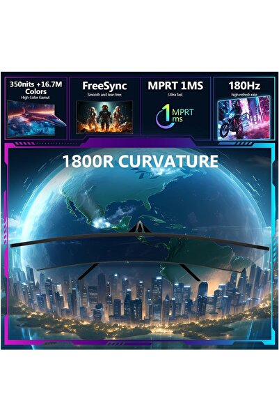 FlashHawk 27 inch QHD Curved Gaming Monitor with Speakers,2K 180Hz/144Hz PC Monitor QHD 2560x1440p