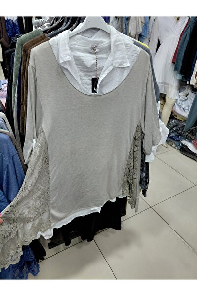 Tuana Otantik Casual Knitwear Set with Built-In Shirt and Lace Detail