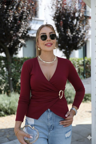 Modayakamoz Bluză de damă din viscoză, cu guler dublu, mânecă lungă și detali...