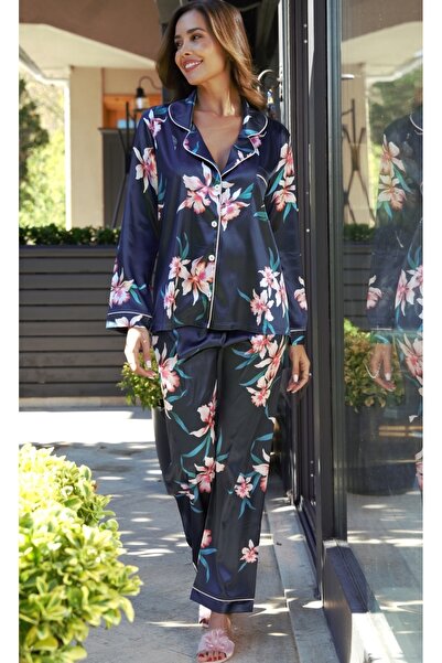 SİA LESS Women's Black Floral Detailed Satin Long Sleeve Buttoned Dowry Nightgown