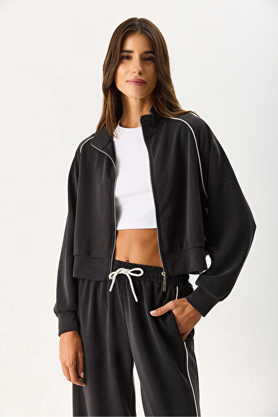 VENA Swea guler ridicat pentru femei cu dungi laterale cu textura moale (CUPRO) - negru