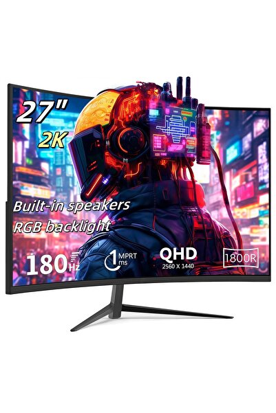 FlashHawk 27 inch QHD Curved Gaming Monitor with Speakers,2K 180Hz/144Hz PC Monitor QHD 2560x1440p