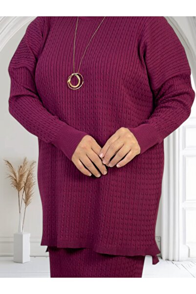 yagmurberen Hair Braiding Pattern Circular Necklace Long Sleeve Blouse Elastic Waist Skirt Plus Size Mercerized Double Set