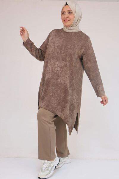 Eslina 57070 Plus Size Front Symmetry Cut Batik Trouser Suit - Mink