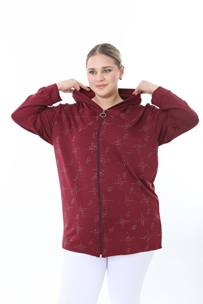 XL Modam Women Stretch Fabric Hooded Stone Printed Burgundy Plus Size Cardigan