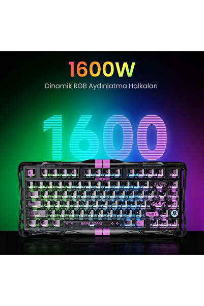 Gravastar Mercury V75 Lite HE 8KHz Kablolu Manyetik Klavye + M2 26K DPI RGB Kablosuz Mouse Oyuncu Seti, Şeffaf