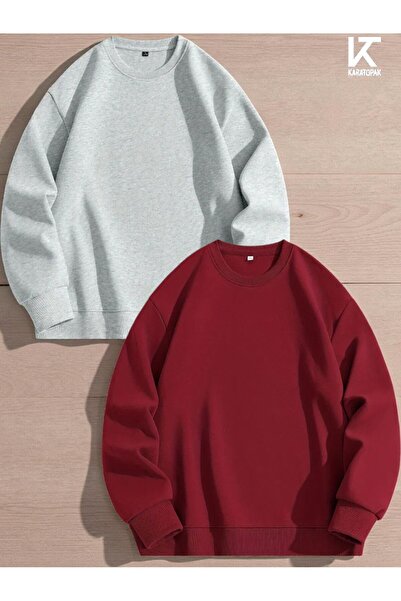 Karatopak 2'li مبطن بالصوف سويت شيرت برقبة دائرية قصة فضفاضة للجنسين