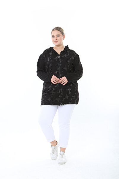 XL Modam Women Stretch Fabric Hooded Stone Printed Plus Size Cardigan