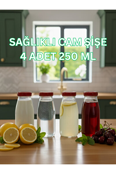Milea 4 ADET Şeffaf Sürahi Süt, Ayran,Limonata, Meşrubat Şişesi 250 ML Kırmızı Plastik Kapaklı Cam Şişe