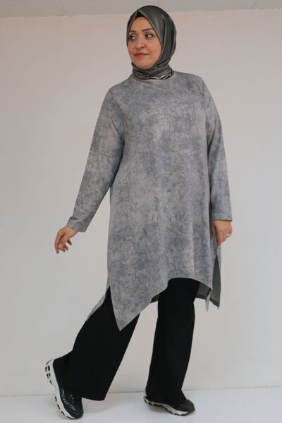 Eslina 58163 Plus Size Skirt Symmetry Cut Batik Tunic - Gray