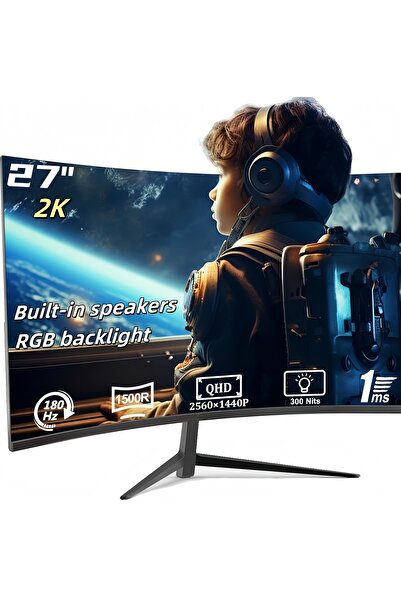 FlashHawk 2K 27 inch Curved Monitor with Speakers, 180/144Hz QHD 2560x1440p Gaming Monitor with AMD FreeSync