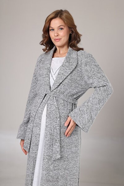 Pelin Women's Gray Shawl Collar Lace Detailed Maternity Nightgown Dressing Gown Set