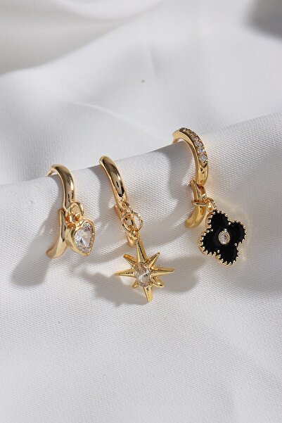 LA PERRY ACCESSORIES 3 قطع من الأقراط الذهبية الزهرية السوداء